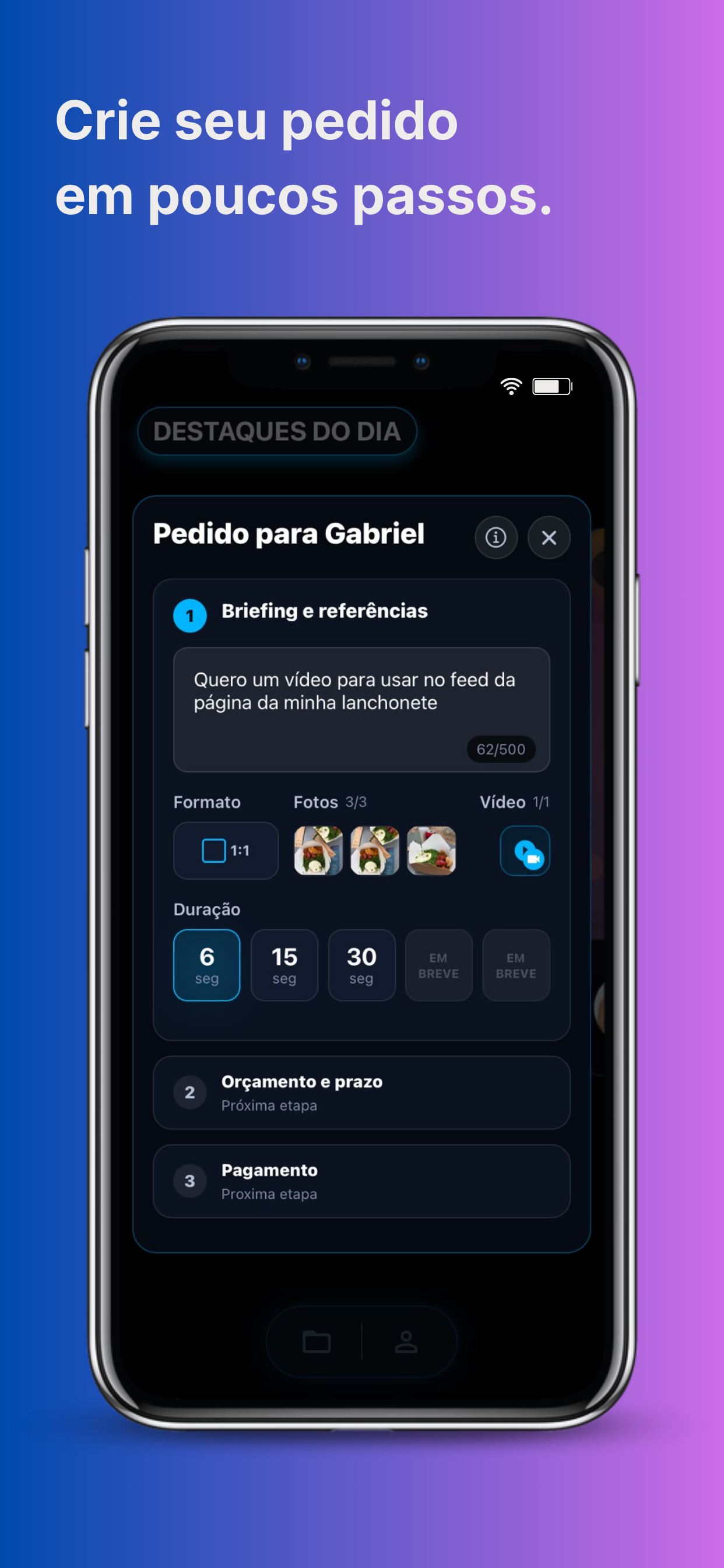 Tela da Holofly mostrando a criação de um pedido em poucos passos